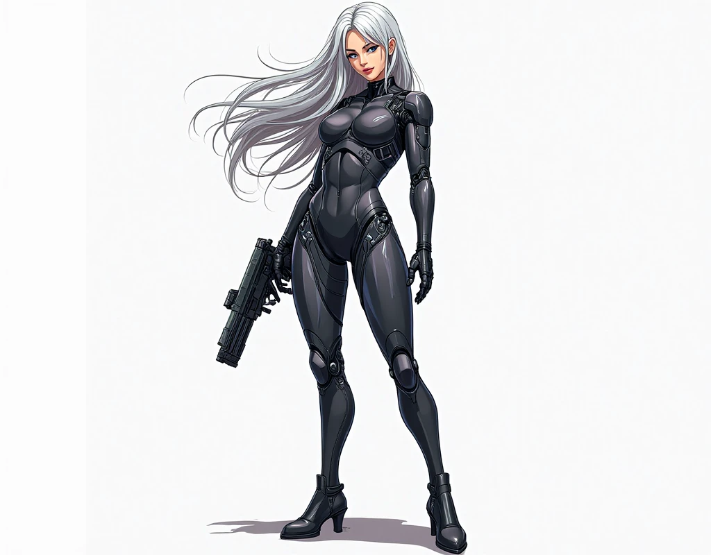 masterpiece, good quality, best quality, very awa, very as2, absurdres, highres
 <lora:Silver SableilluLoRA:1>retro artstyle, 1980s (style), silversable, white hair, long hair, big hair, headband, jacket, shoulder armor, sleeves rolled up, bodysuit, gloves, belt, holster, thigh strap, boots
 <lora:Michael Turner Marc SylvestriStyleIlluLYCO:1.2> mtms, sitting, holding rifle, smirk, science fiction,