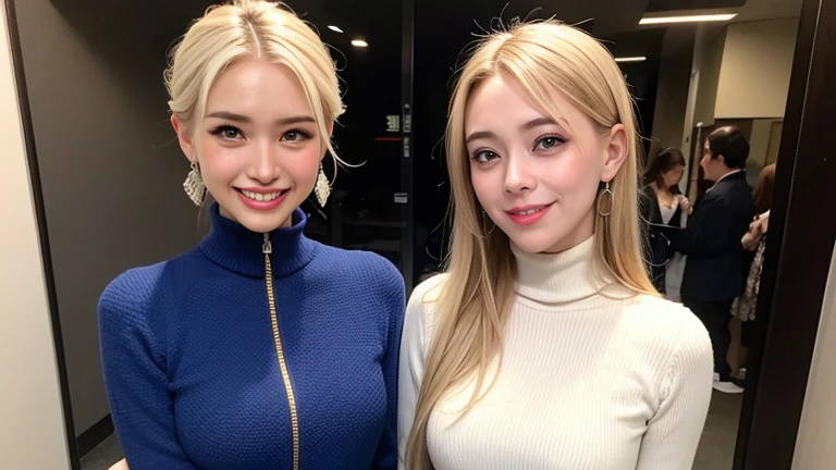 blonde、Two beautiful women standing side by side、ear piercing、Slanted Eyes、Necklace around the neck、Put a cardigan over your shoulders、blouse、smile、Beautiful teeth alignment、Intricate details, Very detailed:1.2), 、 Looking into the camera、The background is the office
