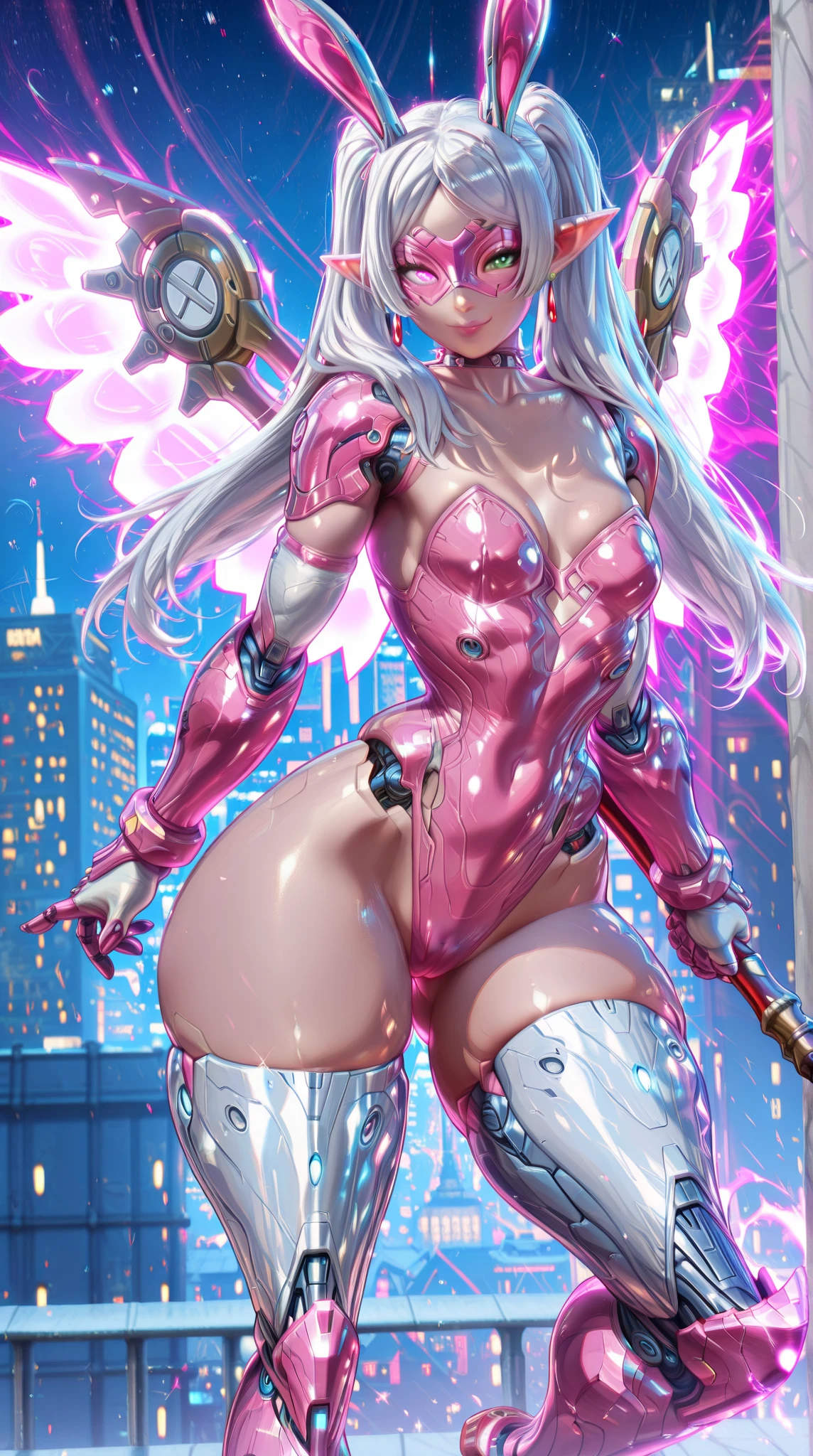 (masterpiece),(high resolution),extra limbs,missing limbs,extra digit,missing digit,fused fingers,mutanted hands and fingers,(1woman and 1robot),full body,((realistic)),pale skin,fighter,((pink long hair)),(((pink long ponytail hair))),evil smile,blonde eyes,large breasts,small nipples,((pink fox ears)),(pink fox 1 tails),woman nipple slip from bikesuit,(white rimless frame glasses),(zipper on the front full bare breasts),((no underwera)),hand on own ass,contrapposto stand,nsfw,cameltoe,sweat,(cyber punk 1pink color giant humanoid mechanical robot background),