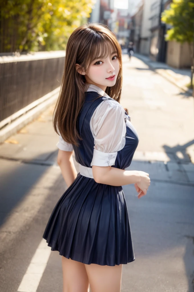 The girl is very cute and beautiful.,(Highly detailed, beautiful face),
(smile),Seraph,Navy blue pleated short skirt,
(Looking back,from behind),lean forward,from below,(white panties),
(Overview of the city),Many European houses with red roofs,Detailed landscape,
black hair,look at viewer,
(best quality,Masterpiece:1.2),nonsense,height,very detailed,very detailed,32ก,8k resolution,
complicated details,cinematic scene,Detailed background,alone,Dynamic angle,
hair blowing in the wind,Beautifully detailed sky,