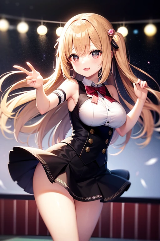 sexy dance show,gold city \(umamusume\),good anatomy, masterpiece, best quality,realistic, hyperrealistic, 16k hdr,(Live Stage:1.2),(skirt lift,wind lift:1.4),Stage costumes,Horse tail,ultra miniskirt,navel,sweat,large breasts,upper body,smile,erected nipples,from below,show off micro panties