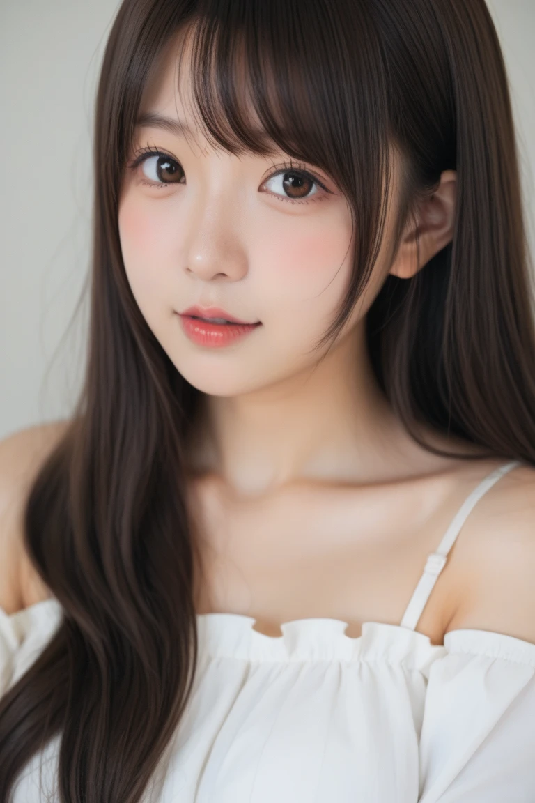 One Girl, alone, Show Viewer, Blonde long hair, Brown eyes, Upper Body, Gray background, Normal chest, lips, Realistic, Königsreuter
