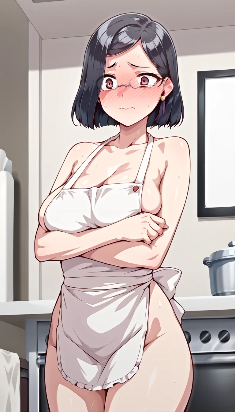 ((highest quality, masterpiece)),NSFW,、cooking、cooking、Completely naked、belly button、nose hook、plug gag、vapor、、Sweat、飛び散るSweat、embarrassing、blush:1.3), ((MILF:1.5、、dark brown hair、short hair、), kitchen