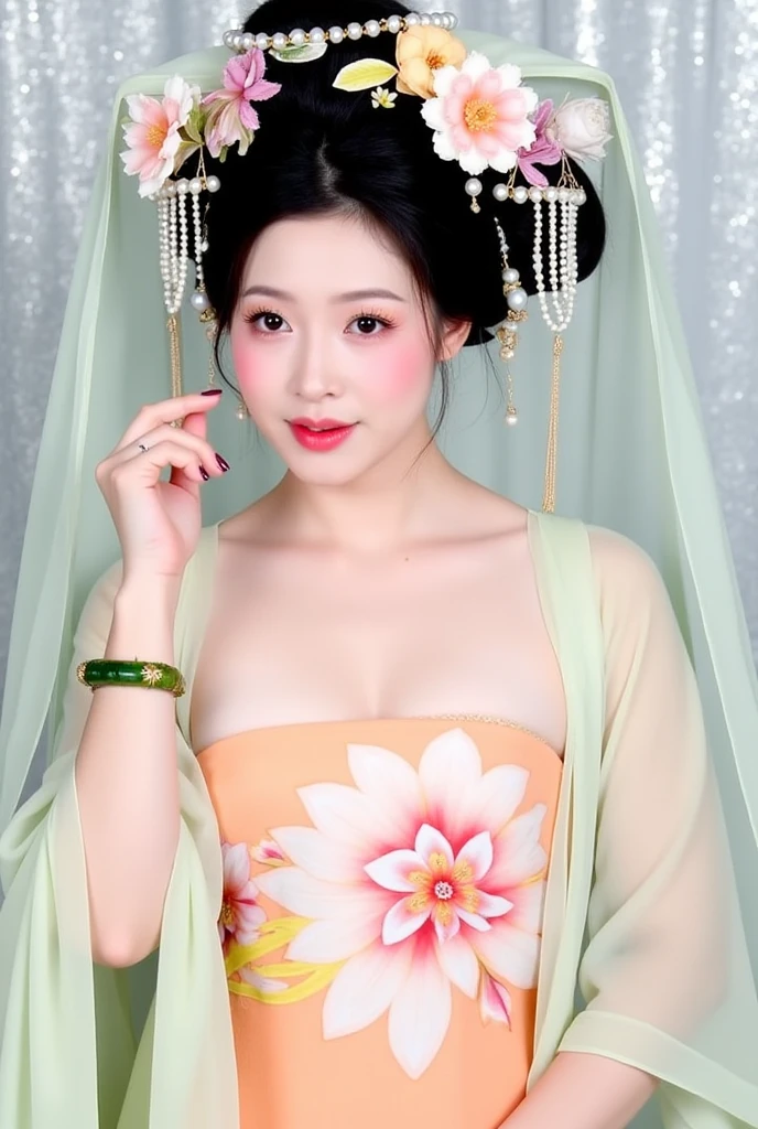 A front view of the Qing Dynasty Empress with her legs spread apart, showing her large chest. A naked Qing Dynasty Empress with a crown on, showing her stomach, thighs and feet from below.。She is completely naked, showing off her gorgeous large flowers and hairpins, her hair tied up and pulled up, and the background is the stone paving of the Chinese palace of the Qing Dynasty.