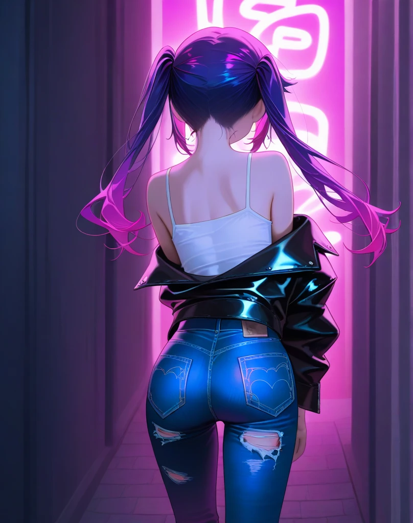 beautiful girl, full body, looking over shoulder, bright blue neon streaked dishevelled hair, ((large light realistic detailed eyes:1.3)), ((seductive pose:1.5)), black eyeshadow, (street style wear:1.2), ((tight fitted panties)), ((thigh high leather boots:1.3)),  ((dark plain black background:1.4)), dark makeup, digital art, trending on artstation, highly detailed, fine detail, intricate, beautiful detailed glow, detailed, Cinematic light, high-res, detailed facial features, sharp focus, smooth, aesthetic,