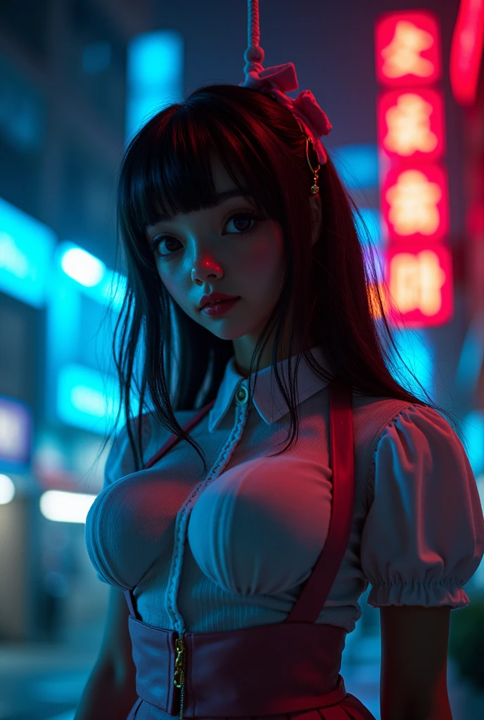 (32K) 16K, 8k, 4K, finely detail, hight resolution, hightquality, Perfect dynamic composition, Beautiful detailed eyes, Long Hair, cute photorealistic kawaii anime girl in the city, surrounded colorful neon lights and glowing lines of data flow, double exposure photography in the style of cyberpunk, glitch art, surrealism, front view, portrait photography, high resolution, She is wearing Wet T-shirts, transparent clothes nipples, intricate details, super detail, hyperrealistic