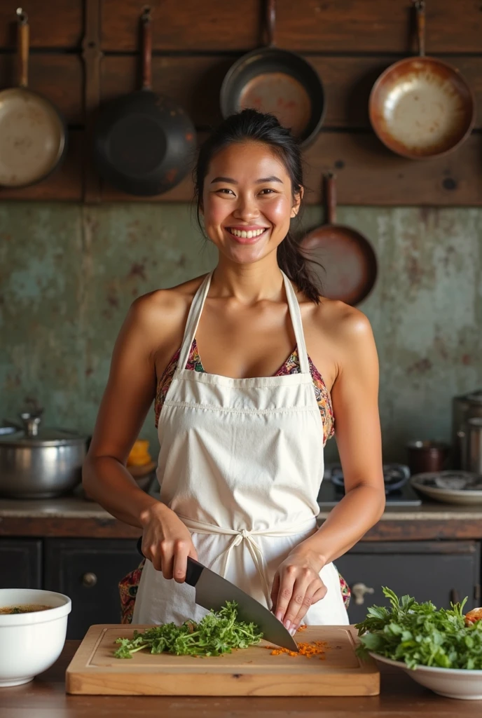 A beatiful indonesian woman, plump, natural huge breasts, only wearing an apron without shirt, is cooking in the kitchen. The kitchen atmosphere is a background detail. look at the viewer, natural light, realistic photography, wide angle shot.