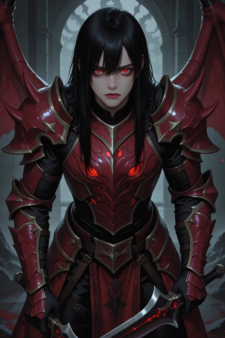 ( excellent quality ) 1boy, masculine, close up of a vampire in a dark courtyard, stern expression, crimson eyes, very long black hair (male), gray fur coat collar, black goatee, very pale skin, pointy ears, elf ears, ornate plate armor, malignant aura, dominating stance, kingly aura, long coat under the plate armor, thin tabard over chest, blood red sky, makoto shinkai, artgerm and atey ghailan, demon slayer art, krenz cushart and artgerm, makoto sinkai, casimir art, range murata and artgerm
