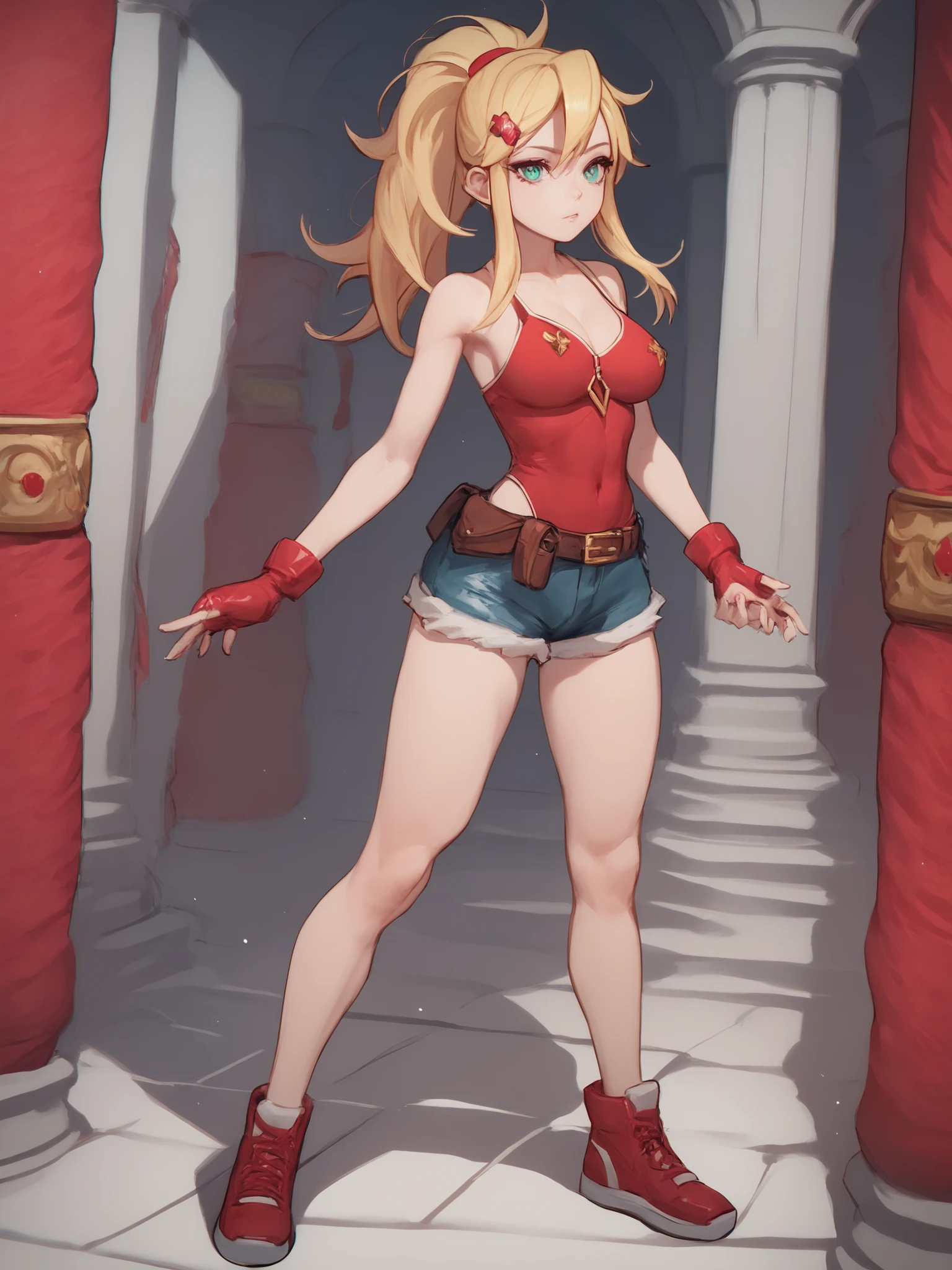 young girl, long blonde hair, Hairpin with a bundle, turquoise eyes, red tight uniform, Sleeveless, Wide neckline on the chest to the abdomen, Gold Elements, Red outfit, Shorts, Masterpiece, hiquality, 4k, HD, Good details, full body view, fullbody overview, Long Hair,