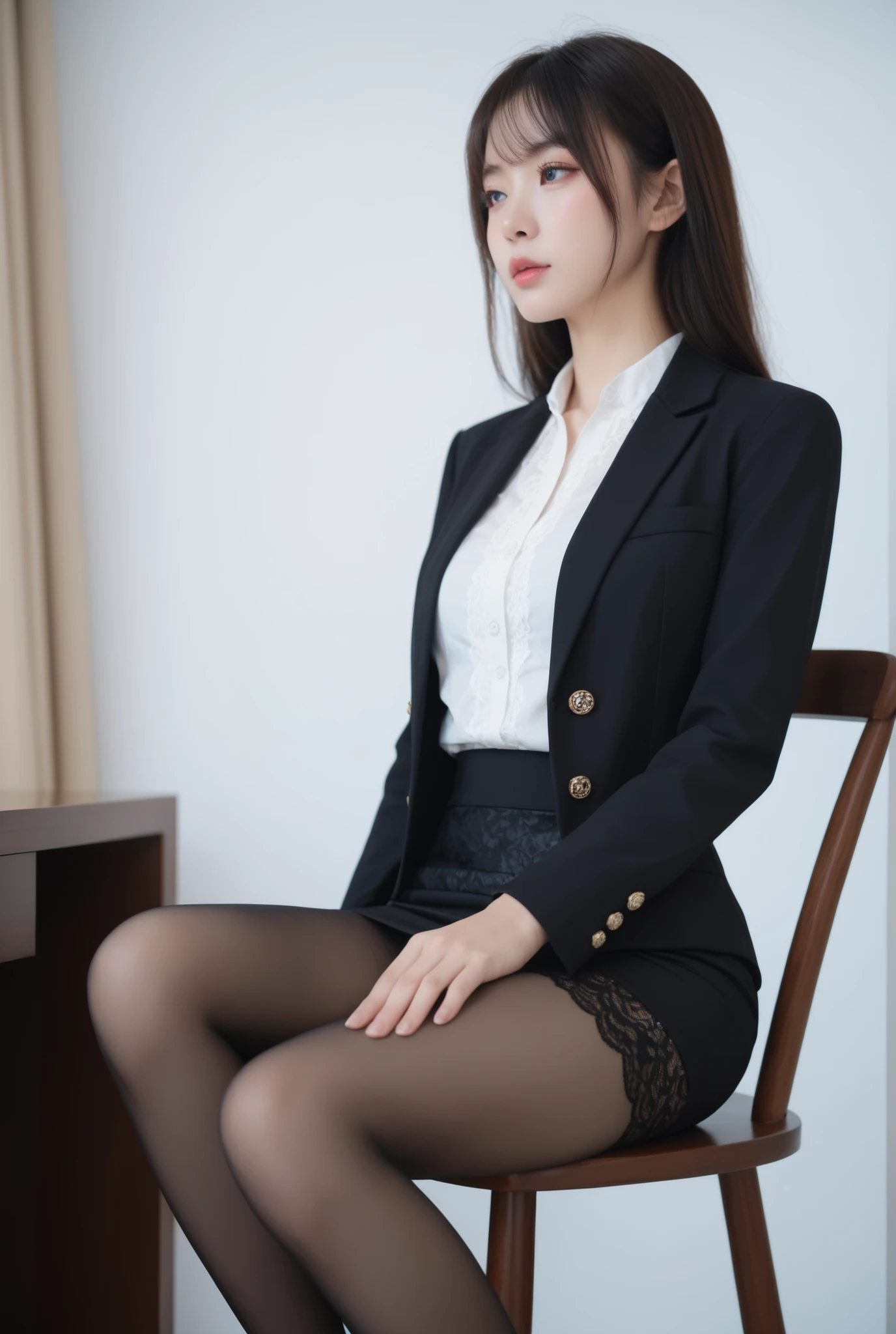 masterpiece、 best quality 、tall and slender woman、black tights、 Ashikiri、sitting on a chair、lace tight skirt、blouse and jacket 、