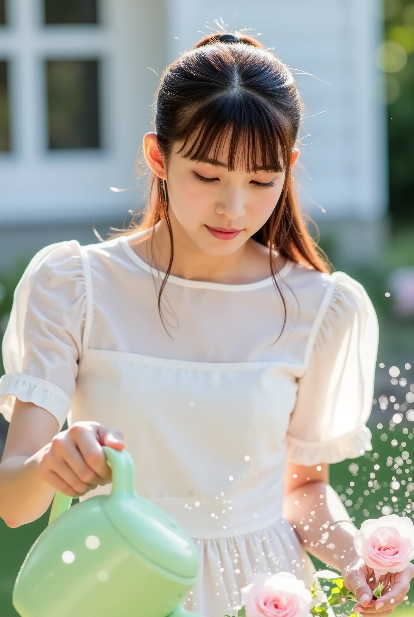 Create a stunning photo collection featuring a beautiful Japanese idol girl with fair skin. She has long, straight hair styled in a ponytail with bangs framing her face. Dressed in a pristine white dress, she is watering flowers in a garden set against a charming white house and white walls. Capture her lively expressions, occasionally surprised as she splashes water around, with bright light, water droplets, and lens flares enhancing the scene. The composition should emphasize her elegance, innocence, and ethereal beauty.
