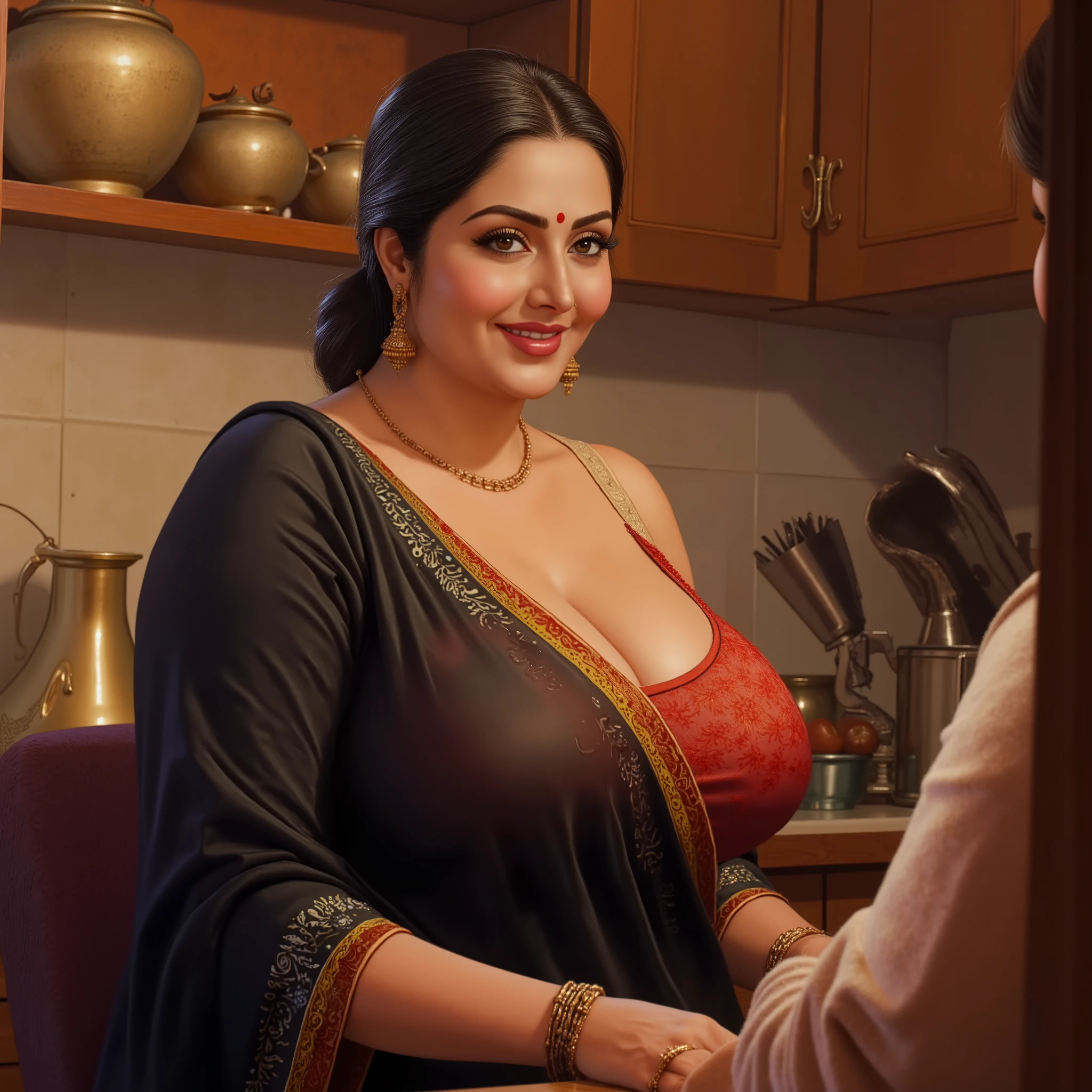 (Centered composition, cinematic lighting, detailed background) — A high-resolution, ultra-detailed painting in the style of renowned Indian artist Manimala. POV, first person view, cowboy shot, The scene shows a graceful, curvaceous Indian woman around 45 years old, looking at the front viewer and at the camera, dressed in a black chiffon sari and a deep neck half-sleeves embroydered red colored bra. She is in a warmly lit, traditional Indian kitchen, she has locked her eyes towards the viewer. Her posture is elegant yet subtly seductive. She wears a red bindi, delicate gold earrings, and a ((((neat traditional low bun)))) with a few strands loose around her blushing cheeks.
Her warm smile and flirtatious gaze are directed at the viewer, creating an intimate and inviting mood. The background is softly focused, showing brass vessels, warm wooden textures, and the gentle glow of morning or evening light filtering in. The camera perspective is from the seated viewer’s point of view, heightening the feeling of personal attention. The overall style is vivid, colorful, and richly textured, blending traditional beauty with cinematic artistry — 8K, ultra-detailed, soft volumetric lighting, photorealistic, oil painting style, rich tones, goddess-like presence, evocative and serene.