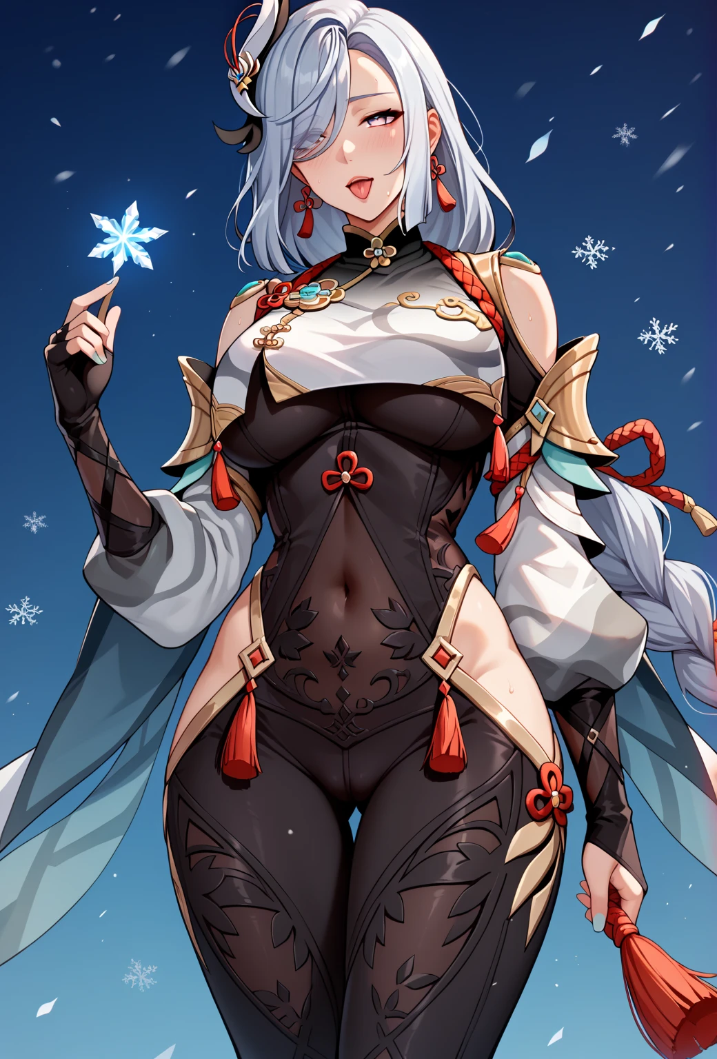 Cutesexyrobutts style, 1girl, shenhe_(genshin_impact), breasts, solo, long_hair, large_breasts, covered_navel, hair_ornament, looking_at_viewer, hip_vent, hair_over_one_eye, snow, hand_on_own_chest, blue_eyes, bodysuit, blush, bare_shoulders, white_hair, bangs, ass_visible_through_thighs, tassel, cowboy_shot, braided_ponytail, thighs, eyes_visible_through_hair, outdoors, jewelry, snowing, tassel_earrings, black_bodysuit, earrings, very_long_hair