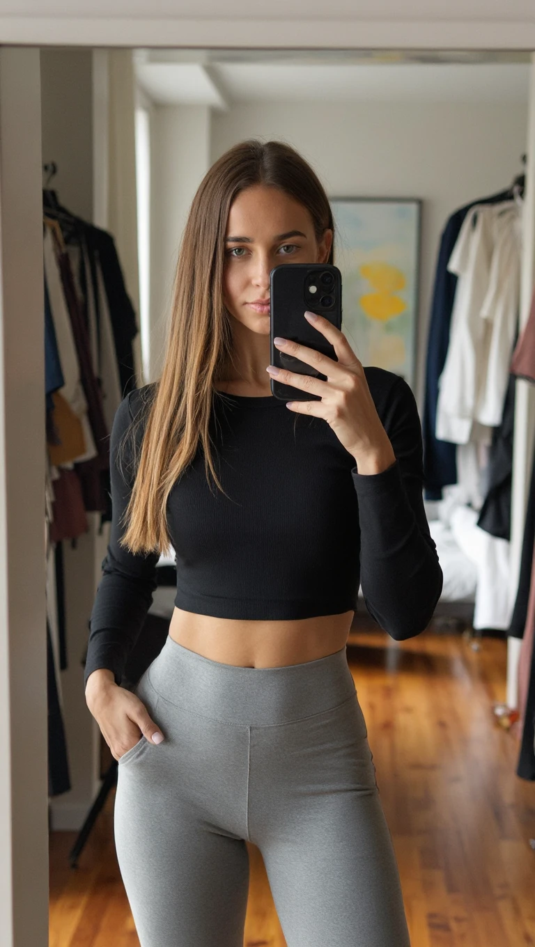 Teen girl, tight leggings mirror selfie