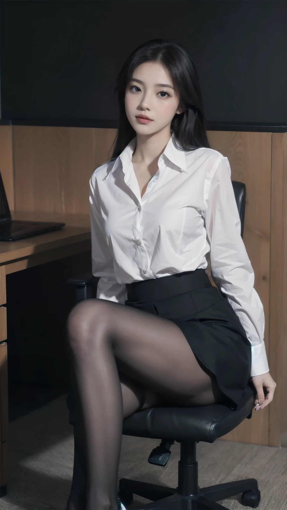 (((masturbation, hetero,, masturbation))), (((office lady, black recruit suit, white shirt, black tight skirt, black stockings, high heels)), (sitting in a chair, sitting on legs bending the knees, zoom camera in the crotch, angle from below), (unbuttoned shirt: 1.1), looking to the side, very angry, blushing, distressed, reluctant, glare, (sexual arousal: 1.5, pubic hair, lower abdomen bristles), NSFW, 8k, RAW photo, masterpiece, absurdity, top quality, high resolution: 1.1, ultra-detail, hyper-realistic: 1.4, realistic, photorealistic: 1.3, cinema light, film grain, closeup, full body, depth of field, eye focus, young, 85mm lens, f/1.4, Professional lighting, portrait, photon mapping, radiosity, physically based rendering, transparency, soft light, realistic face, realistic body, realistic skin, clean: 1.8, black hair, hairstyle to match the trend of Japan in 2023, big breasts: 1.2, blusher, good style, (very dark lip gloss, bright red lipstick, so many eyelashes, pitch black eyeshadow) , Japan person, night, office, company, camel toe, long legs, PureErosFace_V1: 0.8, dynamic pose