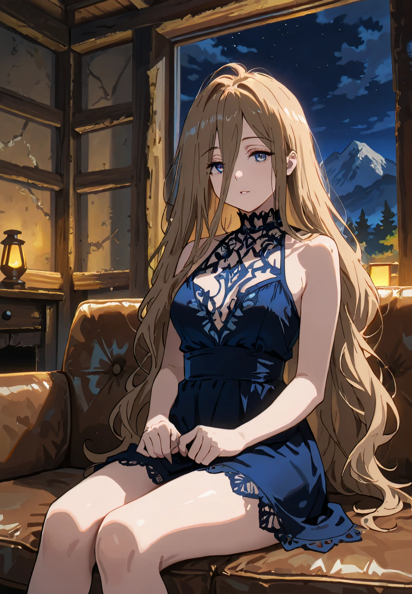 1girl, solo, Sense, Beyond Journey's End, sitting on a couch, long hair, sexy pose, alluring atmosphere, mountain cabin, night time, beautiful lighting and shadows,masterpiece, top quality, warm color, high fashion, absurdres extremely, vivid colors, intricate details, best quality, amazing quality, very aesthetic, newest,