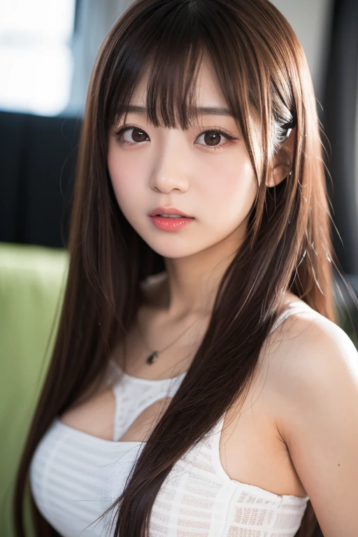 tmasterpiece,top-quality,offcial art,Highly detailed CG Unity 8K wallpapers,like a college girl,20 years girl,Very delicate beautiful,超A high resolution,(realisticlying:1.4),1 hour of writing,(The upper part of the body),(Platinum Long Hair:0.8),(Puffy eyes),looking at viewert,facing front,ssmile,Everyday clothes,(chiayi:1.5), tmasterpiece, best qualtiy, RAW photogr, realisticlying, faces, incredibly absurd res, Buatigarh, depth of fields, hight resolution, ultra - detailed, finedetail, Very detailed, extremely detailed eye and face, Sharp pupils, pupil realistic, tack sharp focus, cinmatic lighting、laying on a couch、A dark-haired、 genitals