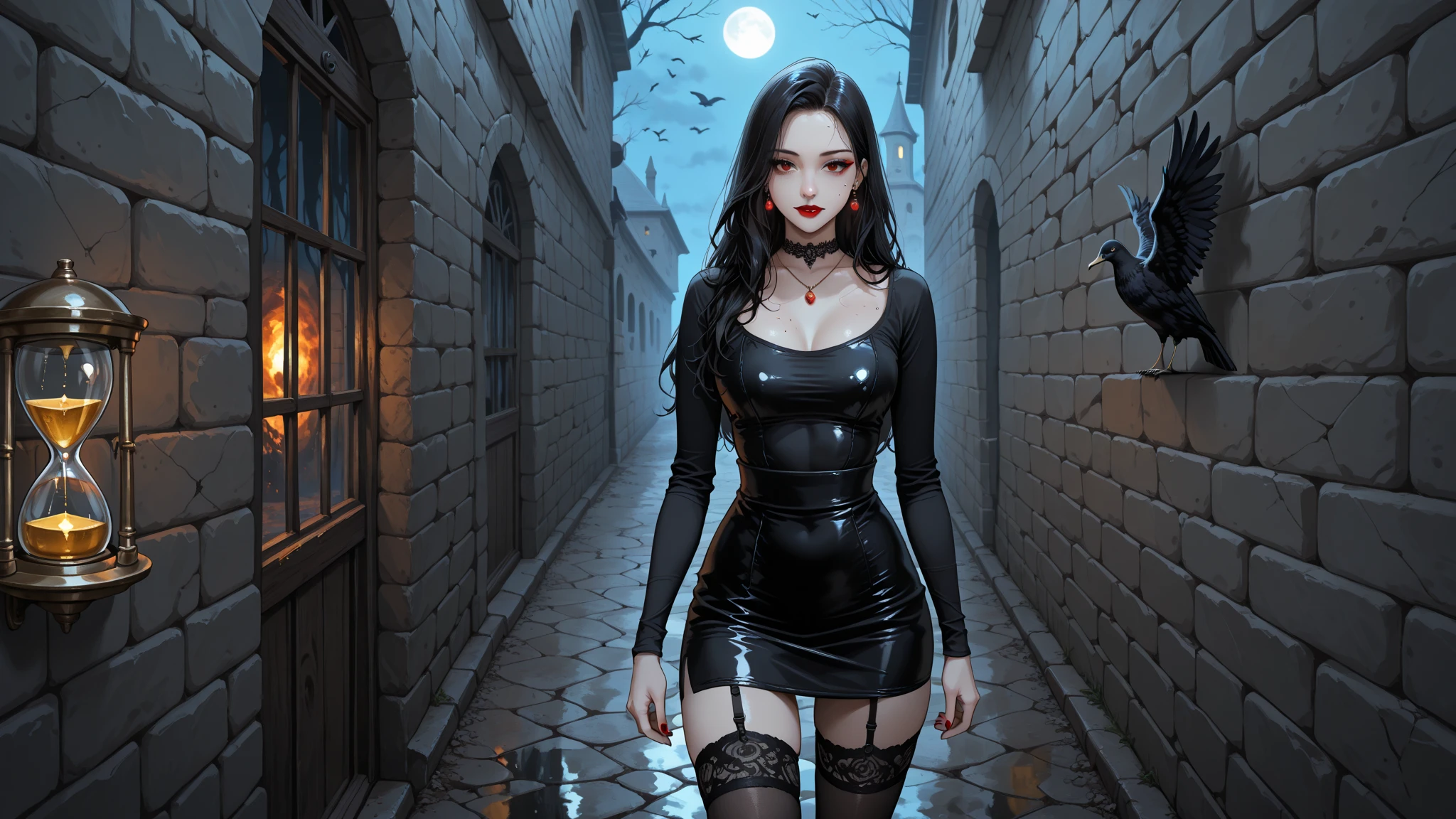 Dark dress,,Long Hair,Revealing dresses,In the city,darkness,Red Moon,bat,knife
