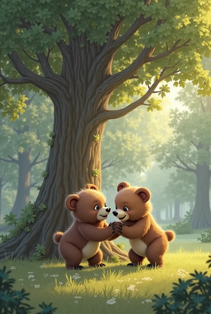 Four teddy bears holding hands and sitting in the forest