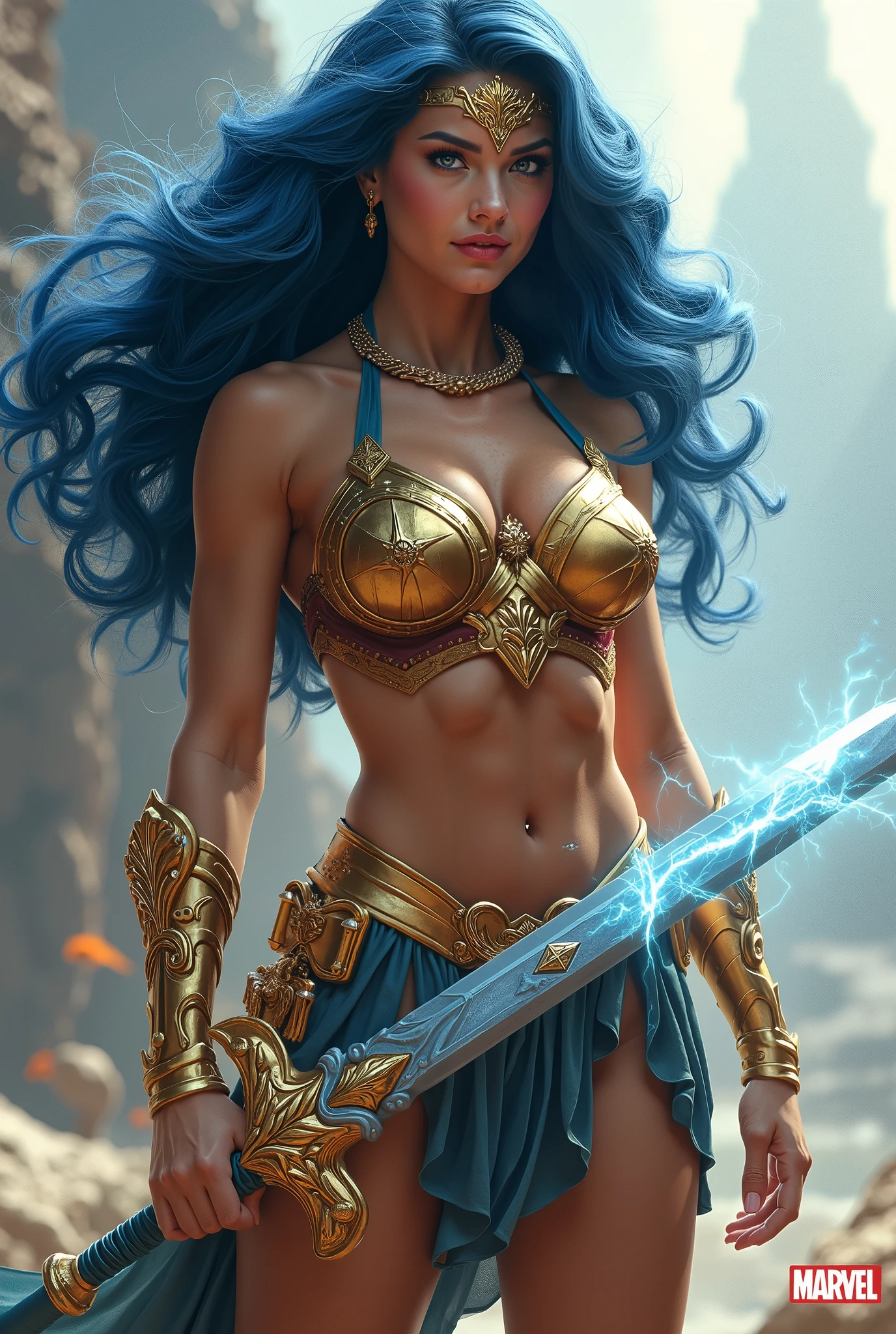 an amazon from Themyscira , blue eyes , The long and wavy hair , perfect body , Lady Gentleman , correct anatomy , holding a big magic sword , epic fantasy digital art , Masterpiece , 8K , high definition resolution , Detailed drawing , better quality ,, epic composition , thin pink lips , electric blue eyes , a golden tiara and gold bracelets
INFO