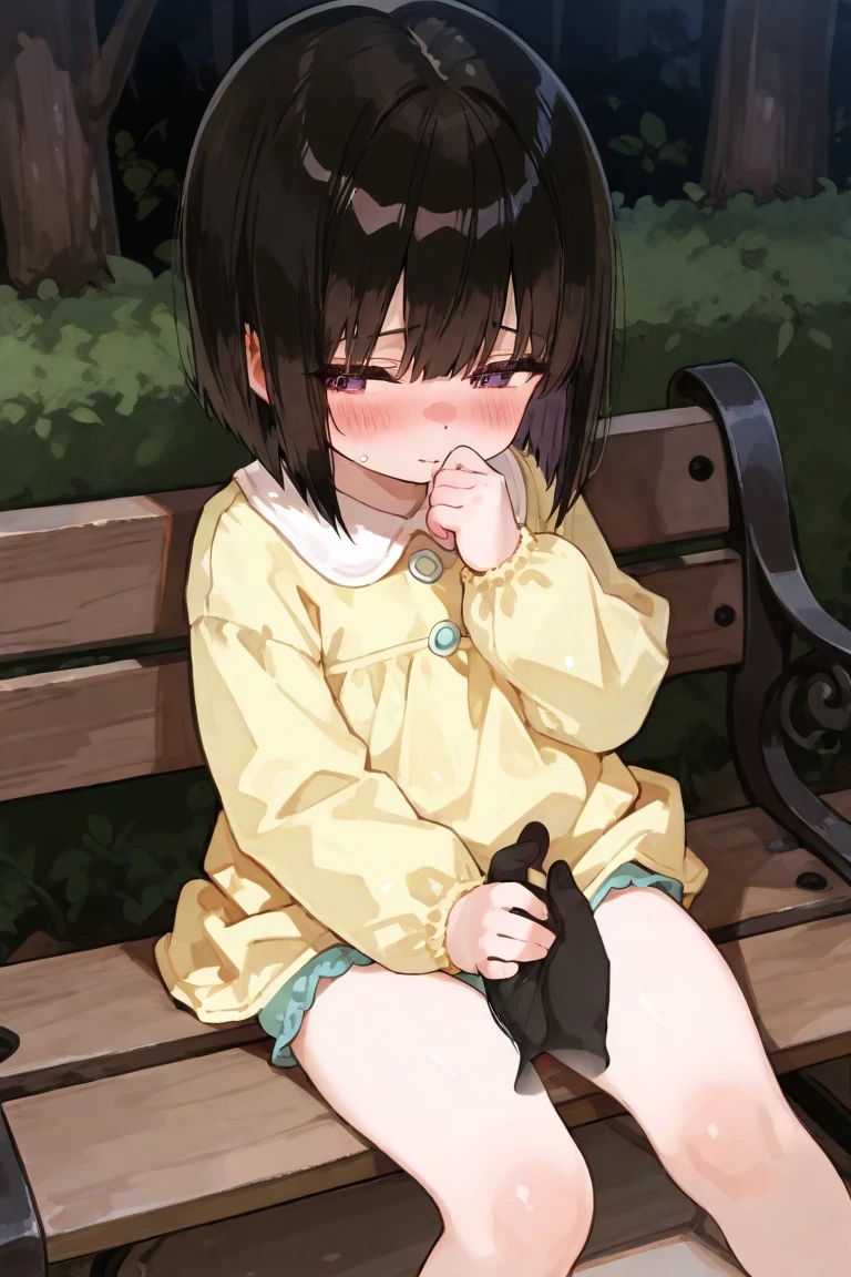 Photorealistic、(Black Hair、sleepy、Mouth slightly open、hair ornaments、Sitting、Cute Shoes)、Lily of the valley hill、night