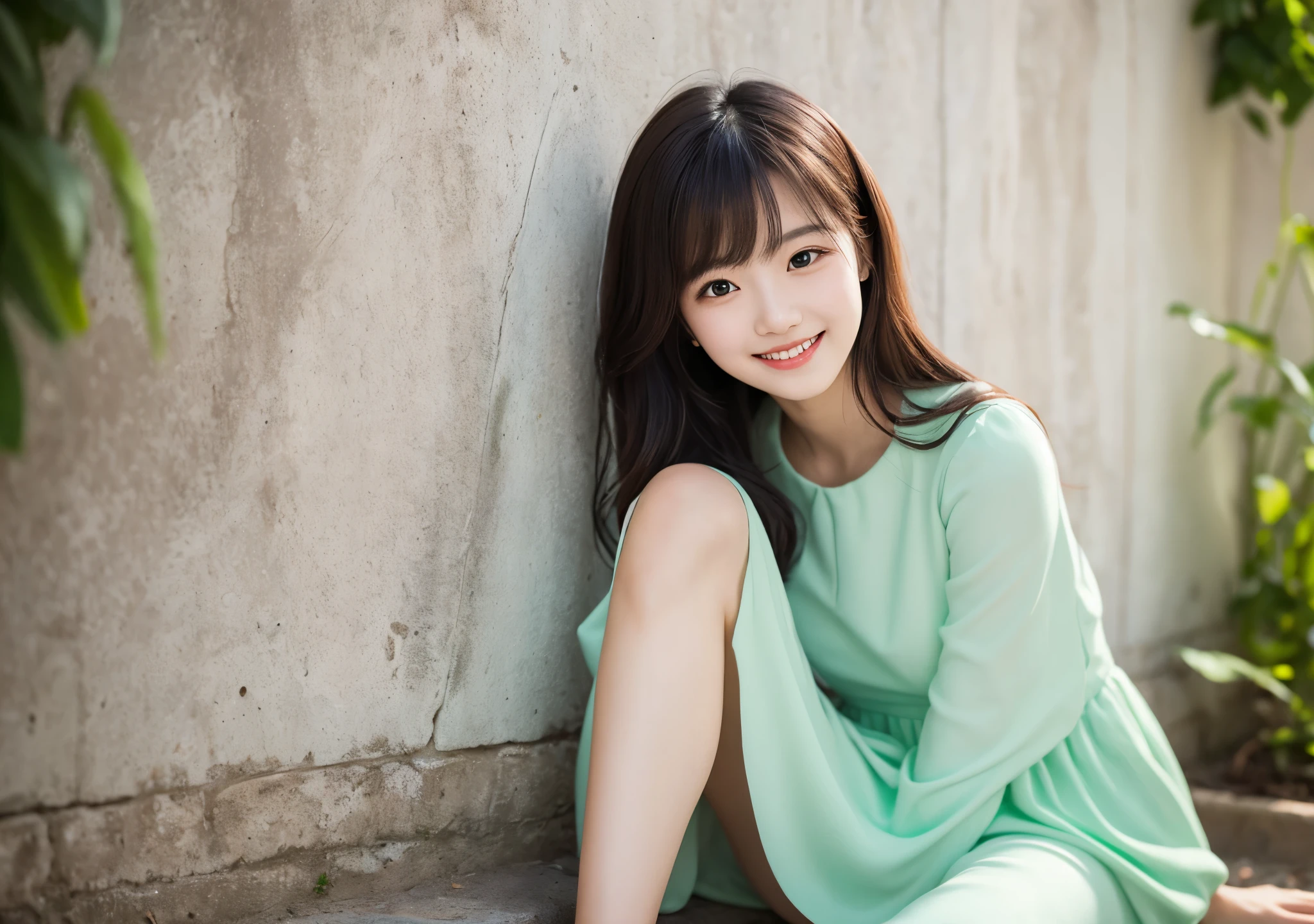 Cute female college student, 18 years old, wearing a green miniskirt