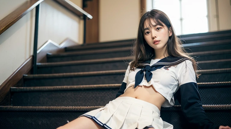 (16k, RAW photos, top quality, masterpiece: 1.2), (realistic, photorealistic: 1.37), 1 girl, Korean, schoolgirl, sailor suit, (open legs)), sitting on a crowded train, big, slender, crotch, full open legs, (round swing sexy mini skirt: 1.3), (white open shirt: 1.3), , See-through underwear, not wearing underwear
