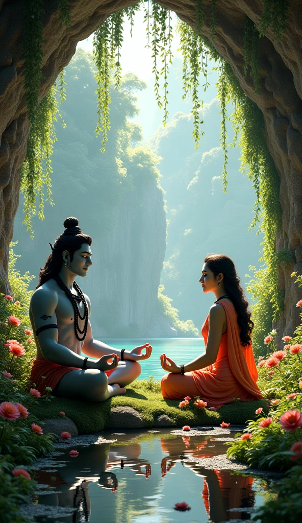 [Core Concept]
A divine and enchanting depiction of the Hindu deities Lord Shiva and Goddess Parvati, set against the majestic backdrop of the Kailash Mountain and a lush, heavenly garden.

[Character Description]
Lord Shiva, the supreme deity of Hinduism, sits in a state of deep meditation, his third eye radiating immense power. Beside him, the graceful and radiant Goddess Parvati, his consort, gazes upon him with adoration and serenity.

[Environment/Background]
The Kailash Mountain, a sacred and revered peak in the Himalayas, towers in the distance, its snow-capped peaks glistening in the ethereal light. In the foreground, a lush and vibrant garden flourishes, filled with an abundance of colorful flowers, verdant foliage, and serene ponds.

[Style and Atmosphere]
The scene exudes a sense of divine harmony, with a luminous, otherworldly quality that evokes a deep sense of spiritual connection and positive energy.

[Composition]
The figures of Lord Shiva and Goddess Parvati are positioned at the center, their poses and expressions conveying a profound sense of inner peace and interconnectedness. The surrounding garden and mountain landscape frame and complement their presence, creating a visually striking and balanced composition.

[Details and Embellishments]
Intricate details adorn the scene, such as delicate floral arrangements, ornate architectural elements, and celestial motifs, all contributing to the rich and captivating visual experience.

[Technical Specifications]
The image is to be rendered with a high level of realism and attention to detail, utilizing vibrant colors, soft lighting, and a harmonious blend of elements to create an immersive and visually stunning depiction of this sacred and revered scene.