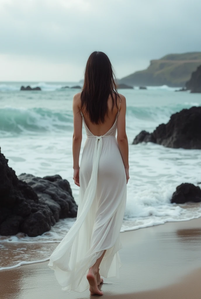 Eva Green, wearing a small white bikini by the beach, viewd from the side, her nipples visibly hard under the bikini