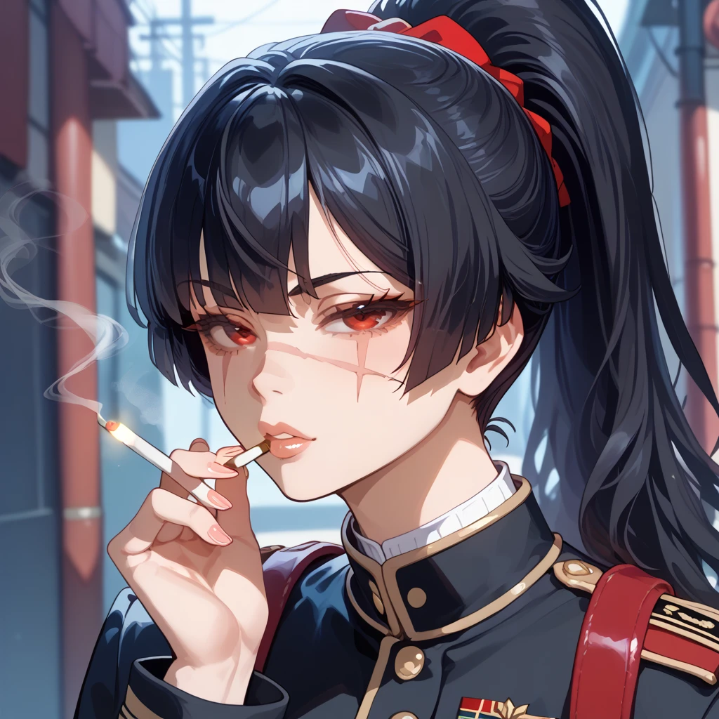 best quality, masterpiece, highres, solo, (texas_arknights:1.10), 1girl, black jacket, collared shirt, looking at viewer, medium breasts, official alternate costume, open jacket, ponytail, red gloves, sidelocks, upper body, long sleeves, red eyes, green necktie, holding cigarette, simple background, smoke, smoking, black necktie, mouth hold, off shoulder, vertical-striped clothes, 9 <lora:texas_arknights:0.80>