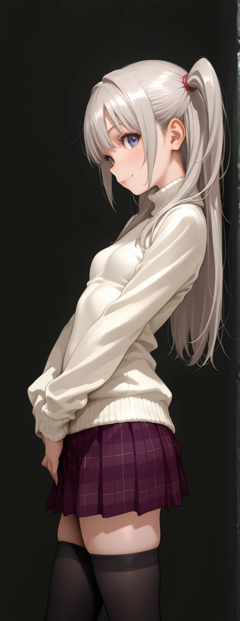 1 girl,looking at viewer, (side view:1.3), (from side:1.3), (standing girl leaning her back casually against a black wall:1.3), natural relaxed pose, one leg slightly bent, petite body, slender figure, small breasts, small frame, innocent smile, bright blue eyes, fair smooth skin, rosy cheeks, glossy lips, cute face, big expressive eyes, contrapposto pose, hands on hips, medium-length silver hair, silky smooth hair, soft front bangs, (twin side up hairstyle:1.3), hair tied up on both sides, loose back hair flowing down, realistic hairstyle, youthful appearance, (white turtleneck sweater:1.5), navy blue plaid pleated skirt, black thighhighs, zettai ryouiki, youthful appearance, Kyoto Animation, anime illustration, masterpiece, best quality, ultra high resolution, rich contrast, highly detailed eyes, ultra-detailed illustration, very beautiful and delicate anime face and eyes, realistic texture, RAW photo style, (solid black studio background:1.5), soft lighting, (no background1.3),