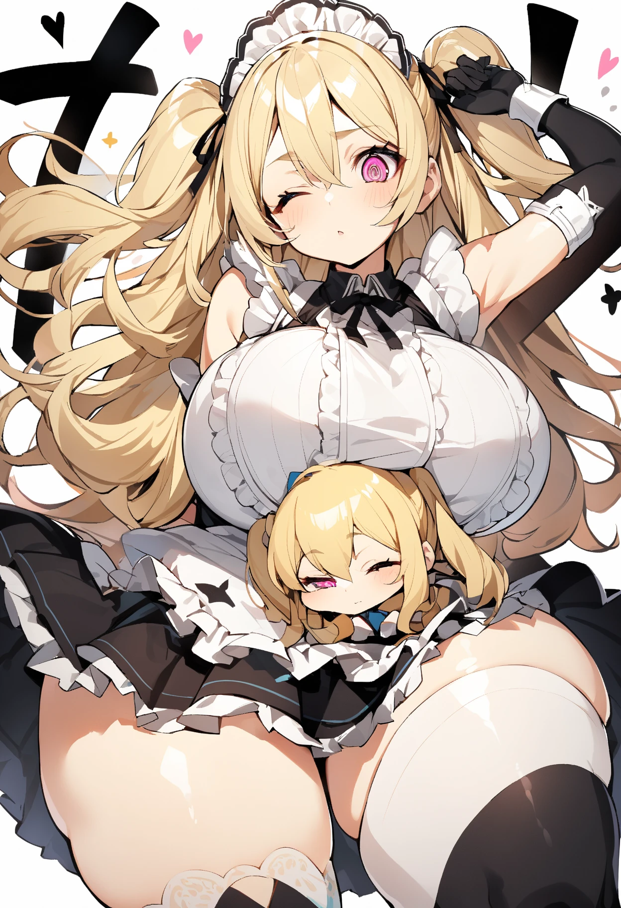 (One girl)、medium length hair、(sidelock)、((Blonde))、(slan eyes)、（boyish）、cute、(Big super breasts)、((Chubby))、、(Priest)、(Futanari)、pink leotard、White sleeveless、thigh-high socks thighhighs、(long gloves)、hairs between eyes、(coarse hair)、[flipped hair]、pink eye、say、(Erotic squatting)、 two side up、White Background、