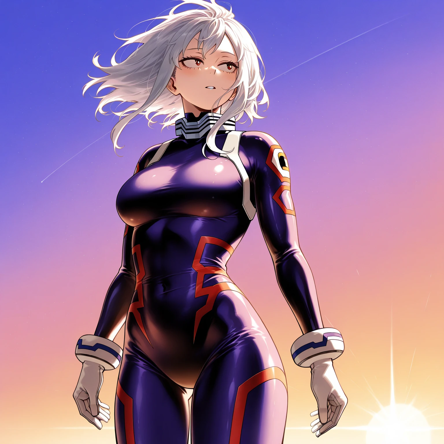 アニメ cel-shading (Female (Jenova)), purple eyes, white hair, (blue skin), bikini, on the beach in ((anime + manga + comics + cartoon) style), demoniac