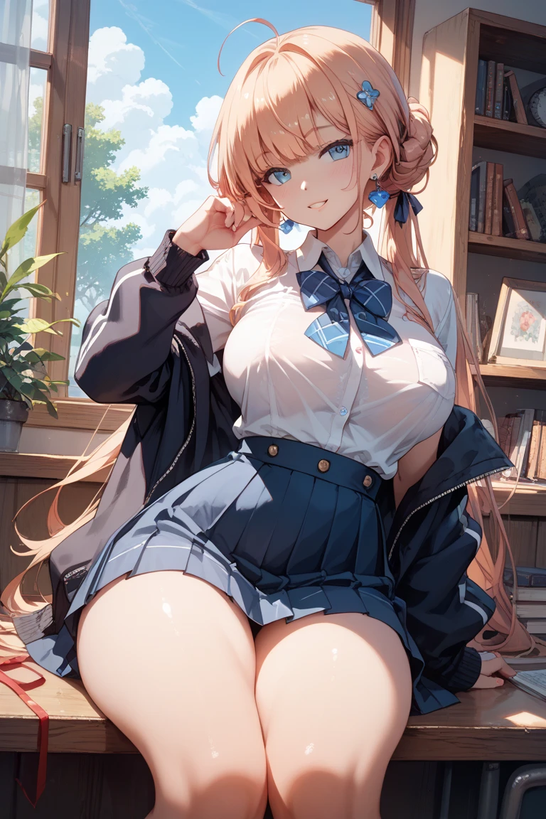 absurd, 8K, high resolution, Ultra-detailliert, beautiful, Meisterwerk, best quality, very pretty woman, Jung, orangefarbenes Haar, Zwillingsbohrer, Cross-legged, Katzenohren, Katzenaugen, Katzenschwanz, white pleats short skirt, black knee-length socks, Nasse Kleidung, White blouse, (very large breasts:1.4), detailliertes Frauengesicht, Sehr attraktiv,