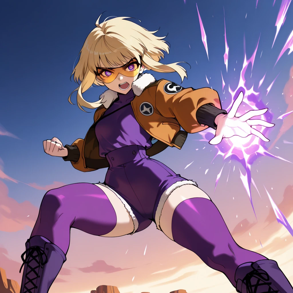 "Ultra-sharp and dynamic details, featuring a black woman in Goku clothes, afro and pink hair with black power, siliconized breasts and a dynamic pose performing a high kick with distinct lines of action, on a beach background." With only 2 arms