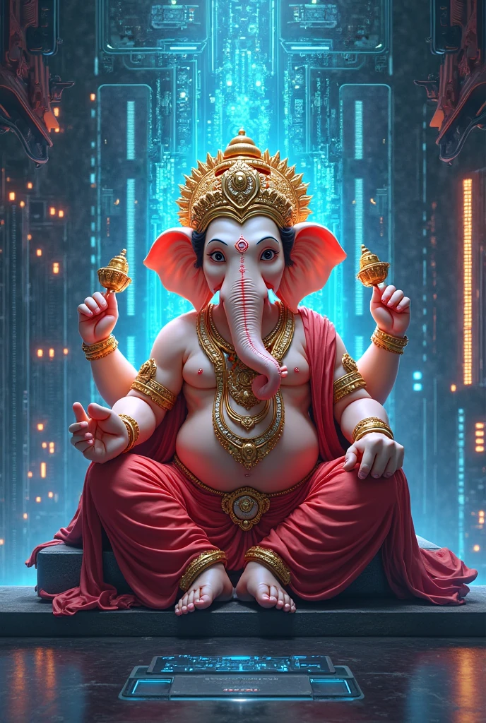 Ganpati god with cyberpunk background with blue and pink lights with fog and indian flag