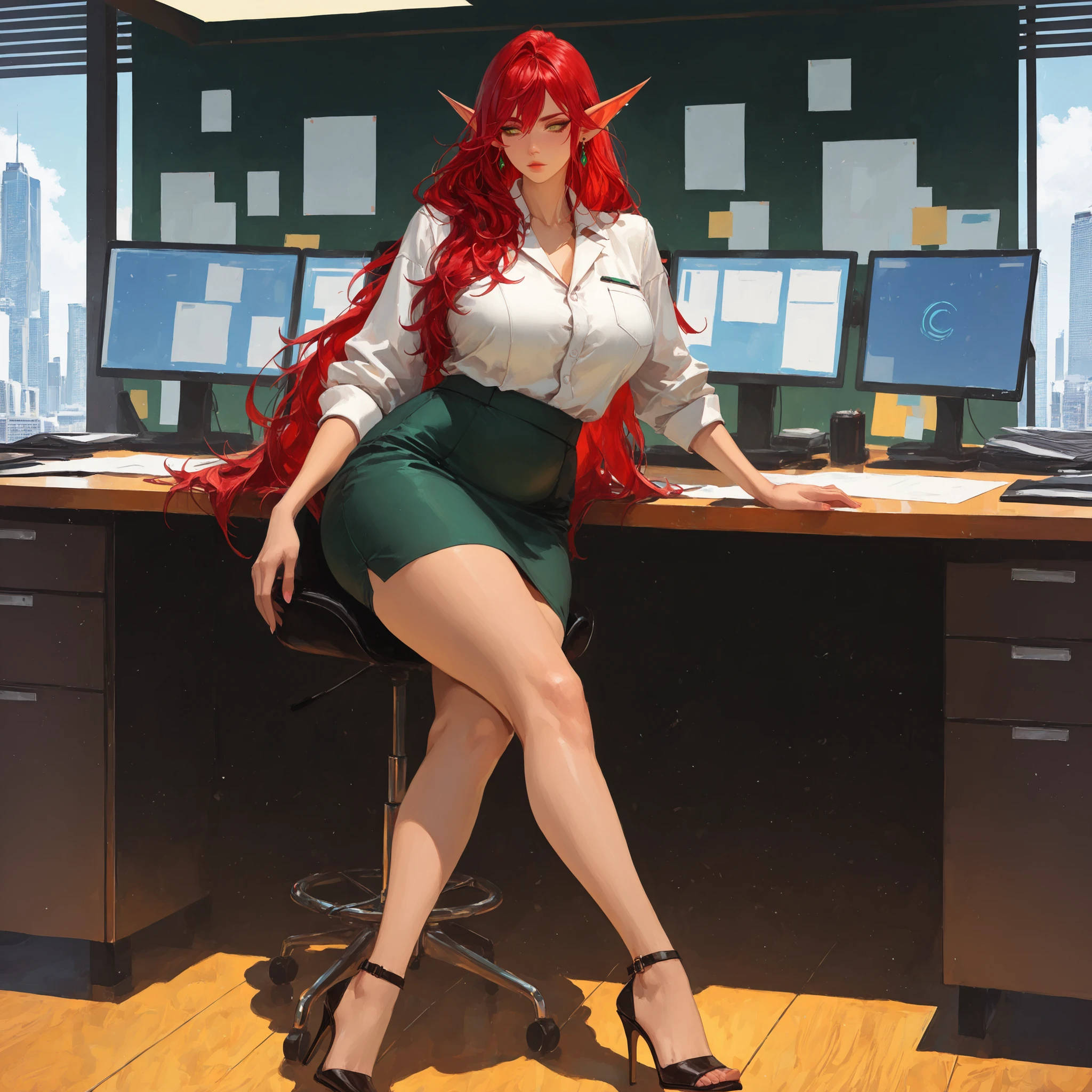 score_9, score_8_up, score_7_up, score_6_up, score_5_up, score_4_up, source_anime , TakashiroHiroko ,(!!sharp long elfs ears!!, !! red hair!!, !!long hair!!, separete bang), long elf ears, green eyes, detailed eyes, well-aligned eyes,  pointy ears, 1girl,  looking at you, full body, earrings,well drawn green eyes, perfect eye quality, long hair,  anatomically correct,((curvy, big breast, little chubby, shapely body), office suit, skirt and blouse, stern look, office background,high heels,leaning on the table, looking down at us, arrogant, haughty