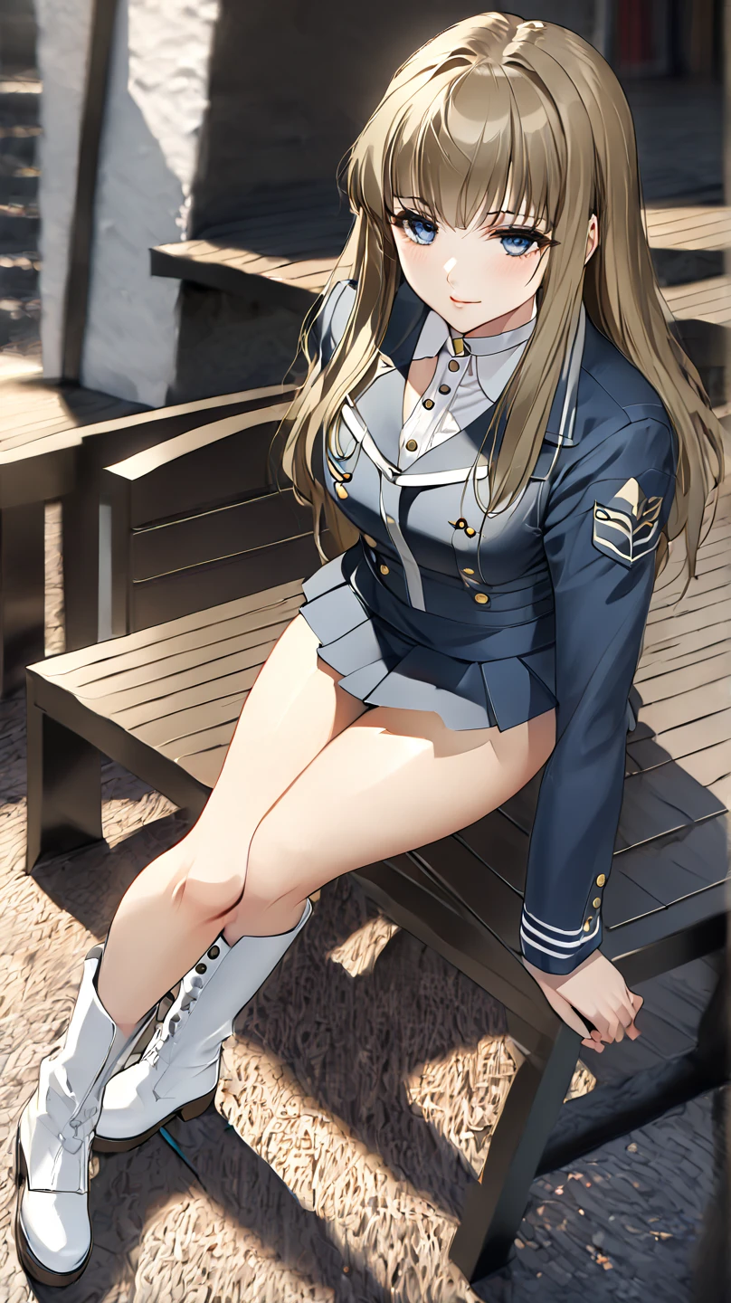 (((Spread your legs)))、((Shiny underwear)))、Uniform Blazer、Beautiful beauty、Long golden hair、((whole body))、(((Photo taken from below)))、School、classroom、Large Breastini skirt、Panties are black、Japanese、expensive、Long limbs、18-year-old、saeki kaori、A beautiful nose like a model、Please put your hands on your hips、Natural smile、Sexy pose、Hairstyle: Ponytail