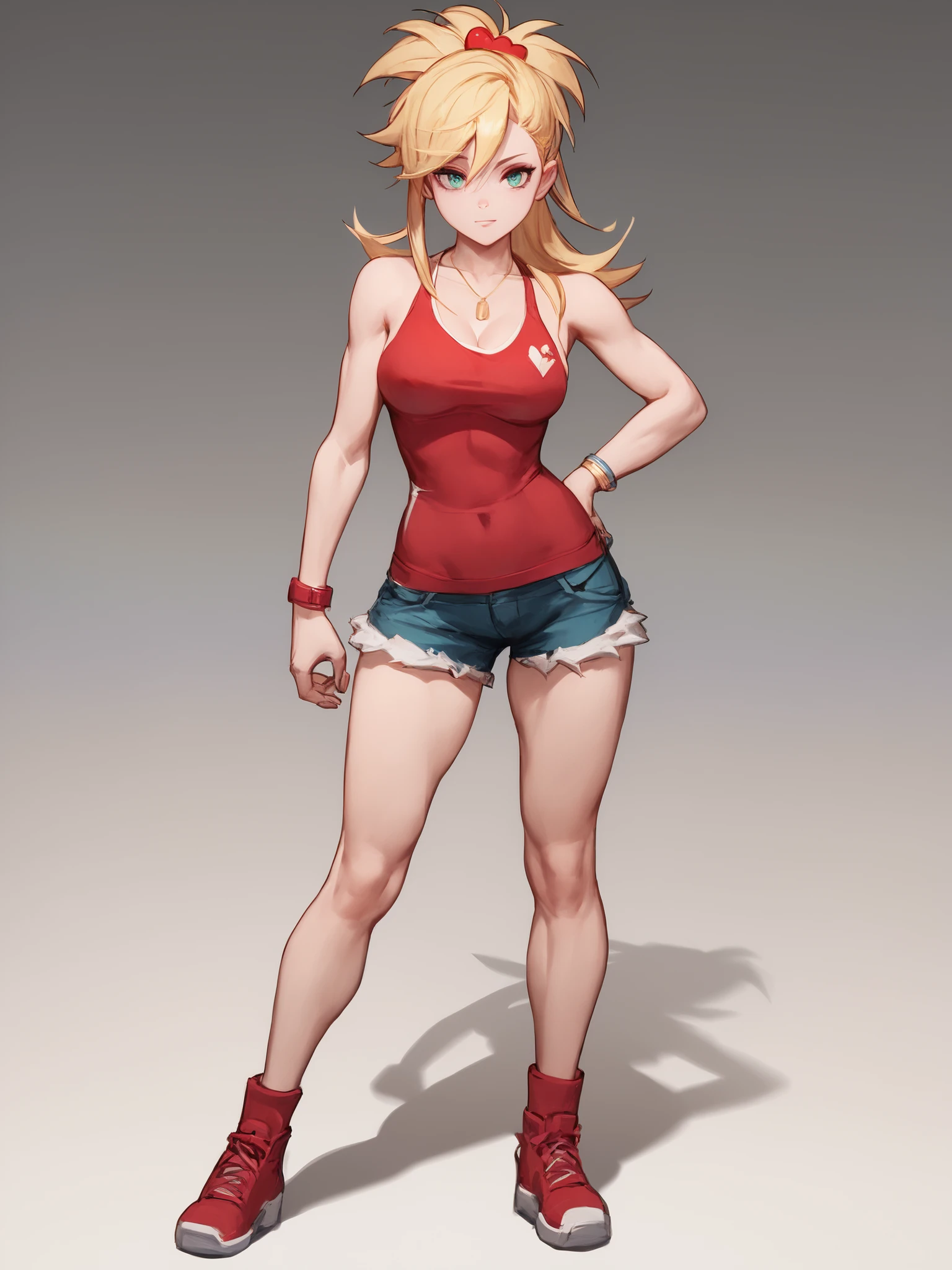 young girl, long blonde hair, Hairpin with a bundle, turquoise eyes, red tight uniform, Sleeveless, Wide neckline on the chest to the abdomen, Gold Elements, Red outfit, Shorts, Masterpiece, hiquality, 4k, HD, Good details, full body view, fullbody overview, Long Hair, standing