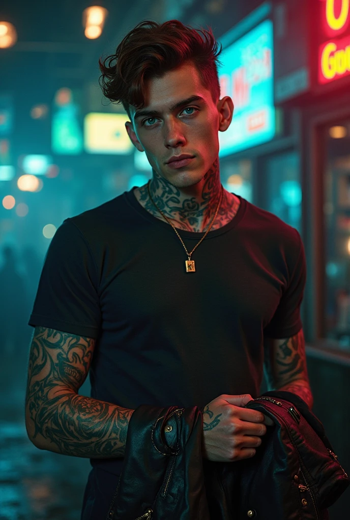 A toxic boy standing in front of Bugatti who have toxic tatoo on his hand and 03 tatoo on his neck in infected area.