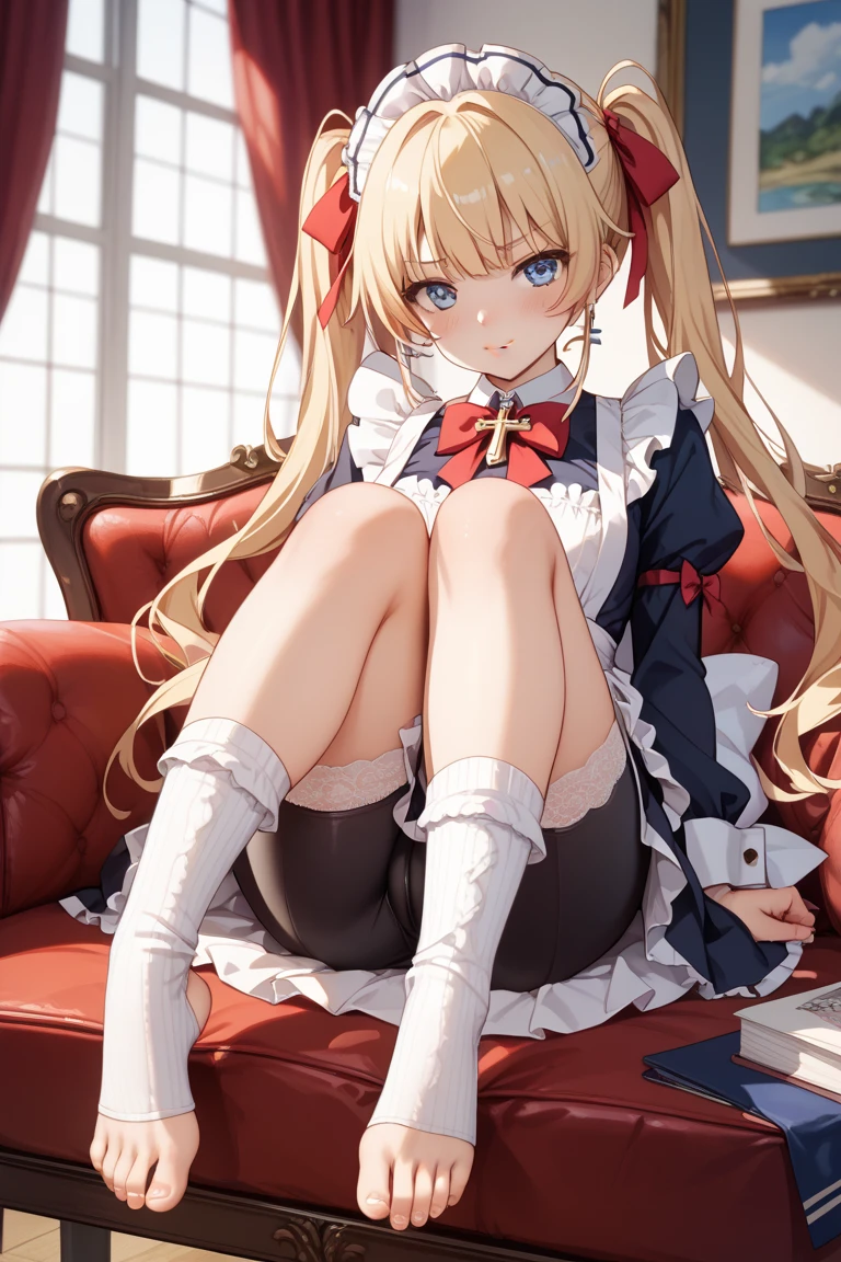 a blond、red eyes、Beautiful girl alone、独奏、animesque、borgar、Fluffy clothes、a miniskirt、sitting on