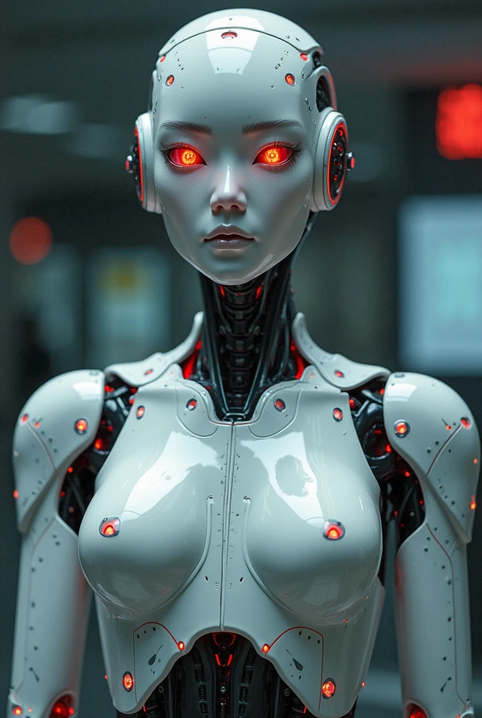 a humanoid woman nude with a white head and a black face in a dark room with a red light behind him, Cedric Peyravernay, unreal engine 5 highly rendered, cyberpunk art, les automatistes, raw photo of detailed skin, clear face, <lora:biomechanicals_v2:1>