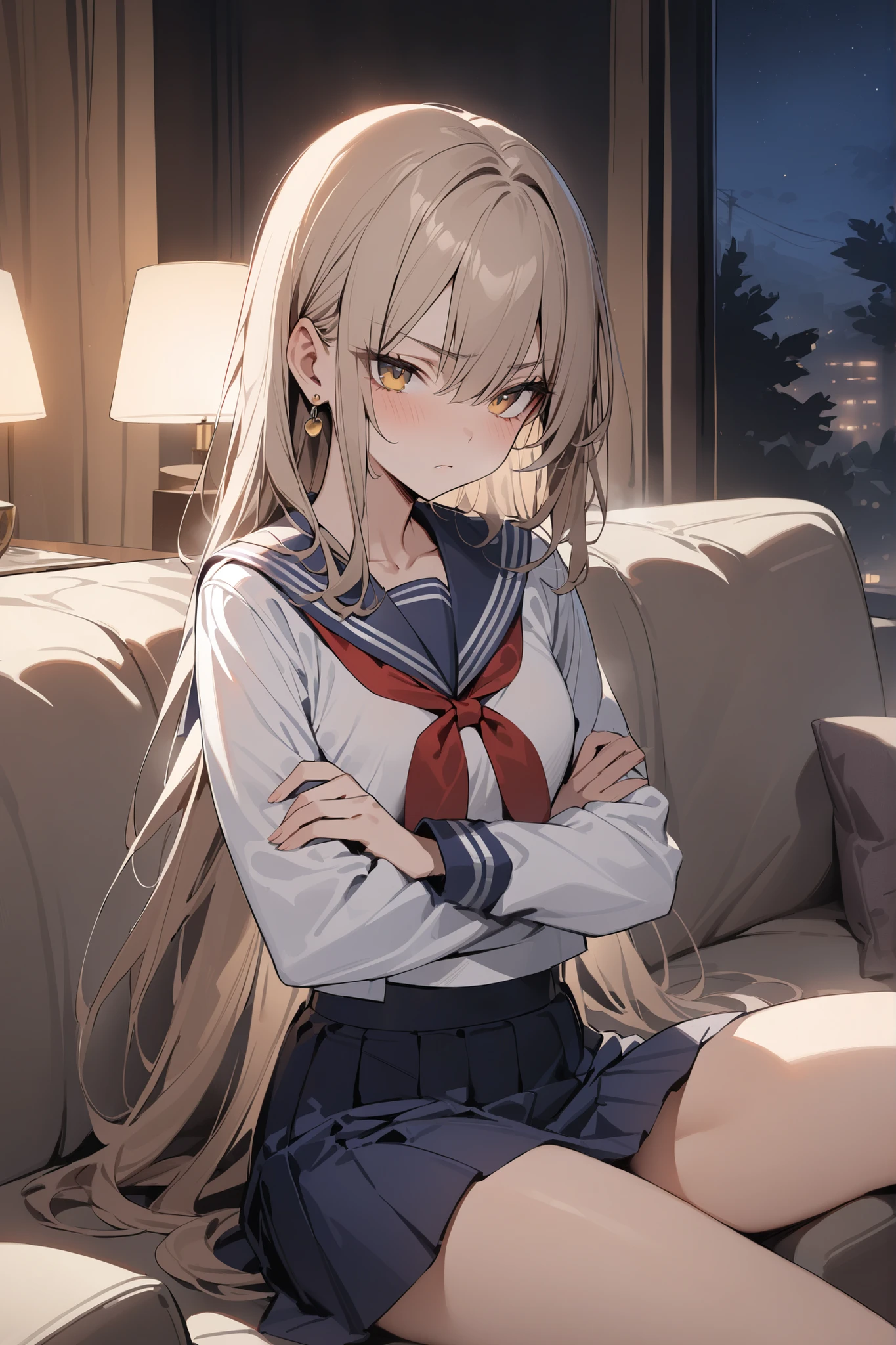 (high school uniform), detailed vibrant eyes, Perfect features, (masterpiece), (best quality:1.4), intricate details, moist skin, shiny skin, glossy skin, (masterpiece, best quality, good quality:1.4), intricate details, (detailed background, apartment, near window), (cinematic lighting, best illumination, colorful), (1girl, solo, teen girl, yellow eyes, long straight blonde hair, sharp face, full-face blushing, red cheeks, lean body, perfect hand, looking at viewer, sitting down, hugging legs