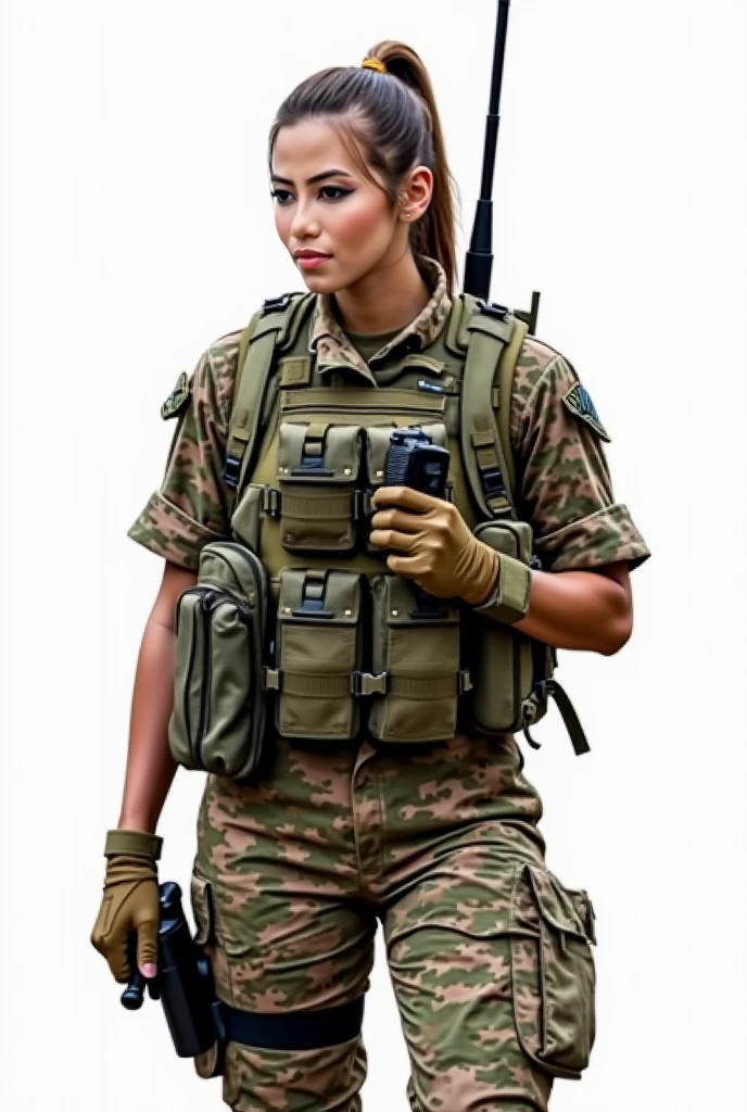 1girl, 8k, obra-prima, Ultra Detalhado, fotografia, realista, corpo inteiro, looking-into-camera, tailandesa bonita, a pretty girl in the multicam combat shirt with Multicam board carrying vest are standing in the urban background of the city with snow, sapatos de combate uniforme branco camuflado