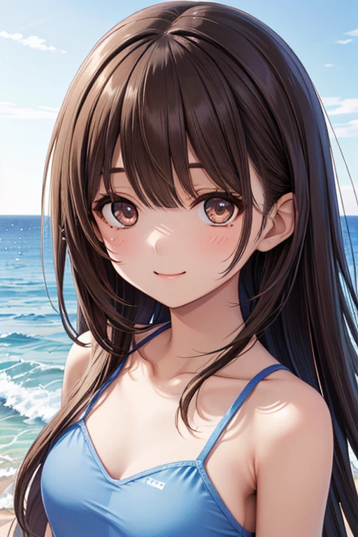 Burgundy hair, long hair, medium chest, red floaty, light gray eyes, sharp eyes, bangs, black hairband, biridere, straight face, large chest, sharp irises, outside, day, black swimsuit, tall, beach, black bikini, large breasts, surprised face, shocked, close up, portrait, upper body, disgusted, grossed out