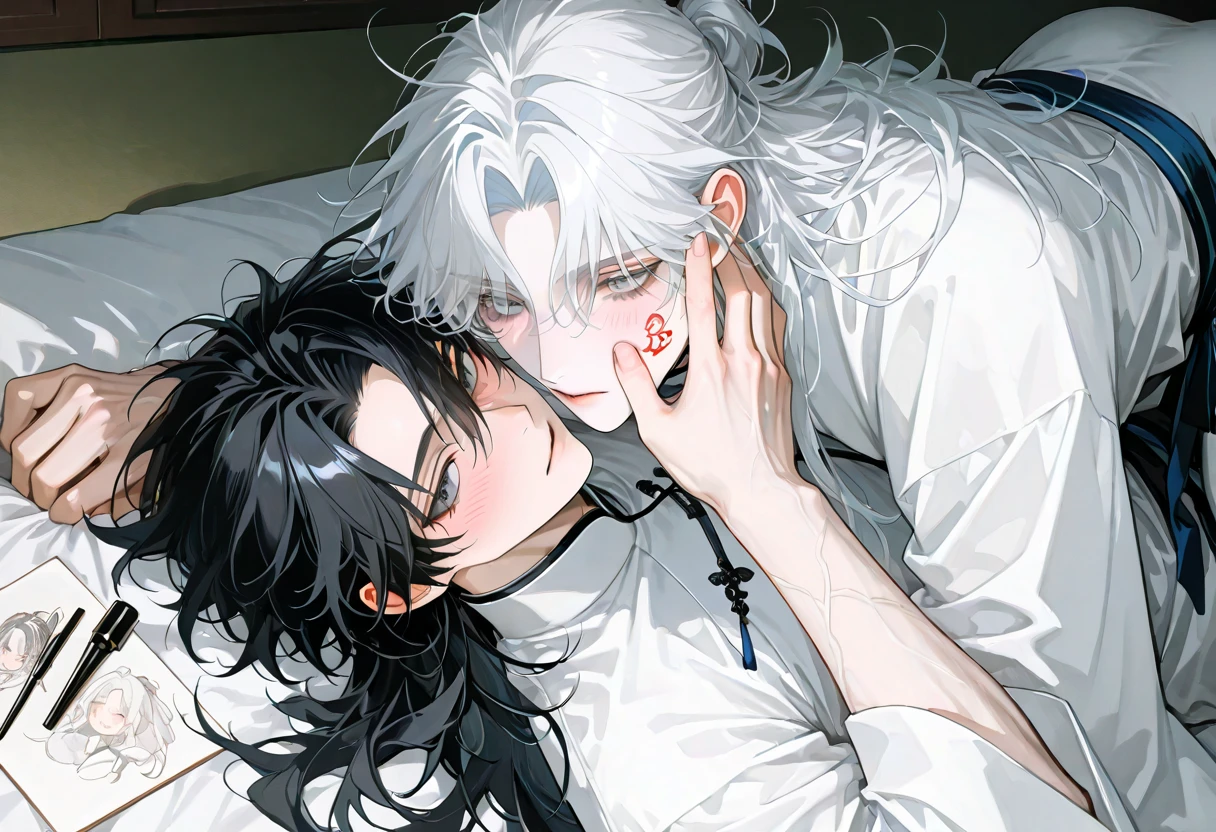 Anime couple lying on the bed with a cat on their back, A vampire white fox, He holds her, While she sleeps, Tumblr, he has dark gray hair, wipe, yay, depraved pose, anime white fox, anime A vampires, in pixive, 2b, 2 p, sad!, from Shingei, bite her lip, A vampire, dramatic scene