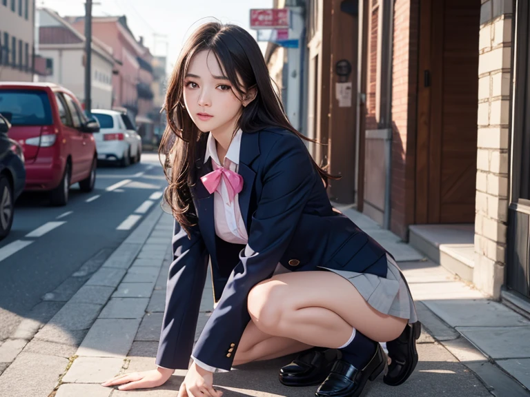 Dark blue high socks Magic Mix Real、(Raw photo:1.2)、(Photorealistic:1.4)、The beauty of beautiful details Delicate expression、Blonde、((Panties are visible:1.3))、(Squatting)、Earrings Nasty eyes、Large file size、Ultra-detailed、High resolution、Transcendental beauty Highest quality、masterpiece、(Japanese high school girls uniform))、Extremely detailed representation、In detail、Highly detailed facial cinematic lighting、17-year-old girl、Positive、((Dynamic Pose)))、(Sit with your knees bent))、Pleated skirt、blazer、shoes、Sexy Eyes、Beautiful thighs、I can see your crotch、
