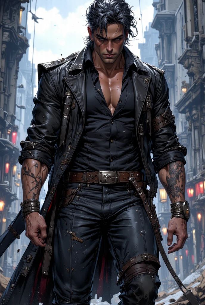 homme torse nu avec un cache oeil, une barbe, and a long coat holding a steampunk gun, albert wesker full body portrait, Corps d’Ernest Khalimov, Portrait d’Adam Jensen, Concept Art comme Ernest Khalimov, personnage masculin, Albert Wesker, En tant que personnage de steampunk, inspired by Volkan Baga, Complete cinematic character, inspired by Max Magnus Norman, Portrait du professeur Sinister --auto