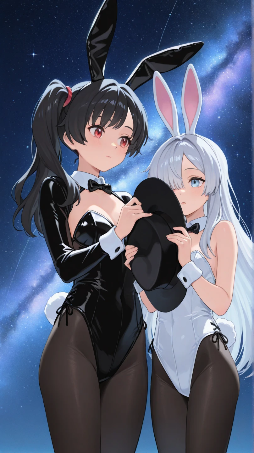 (highest quality、masterpiece、High resolution、detailed)、(Shining eyes、detailed beautiful face)、4K、bunny_girl,wearing a black bunny girl outfit,Animal ear headband,(black rabbit ear:1.1),(white collar and black bow tie:1.3),(cuffs:1.3),(white cuffs:1.1),leotard,black leotard,(bare shoulders:1.2),(shoulderless:1.2),(strapless:1.2),(No shoulder straps:1.2),leather leotard,wearing tights under the leotard,(fishnet pantyhose:1.2),bunny tail、(beautiful anime)