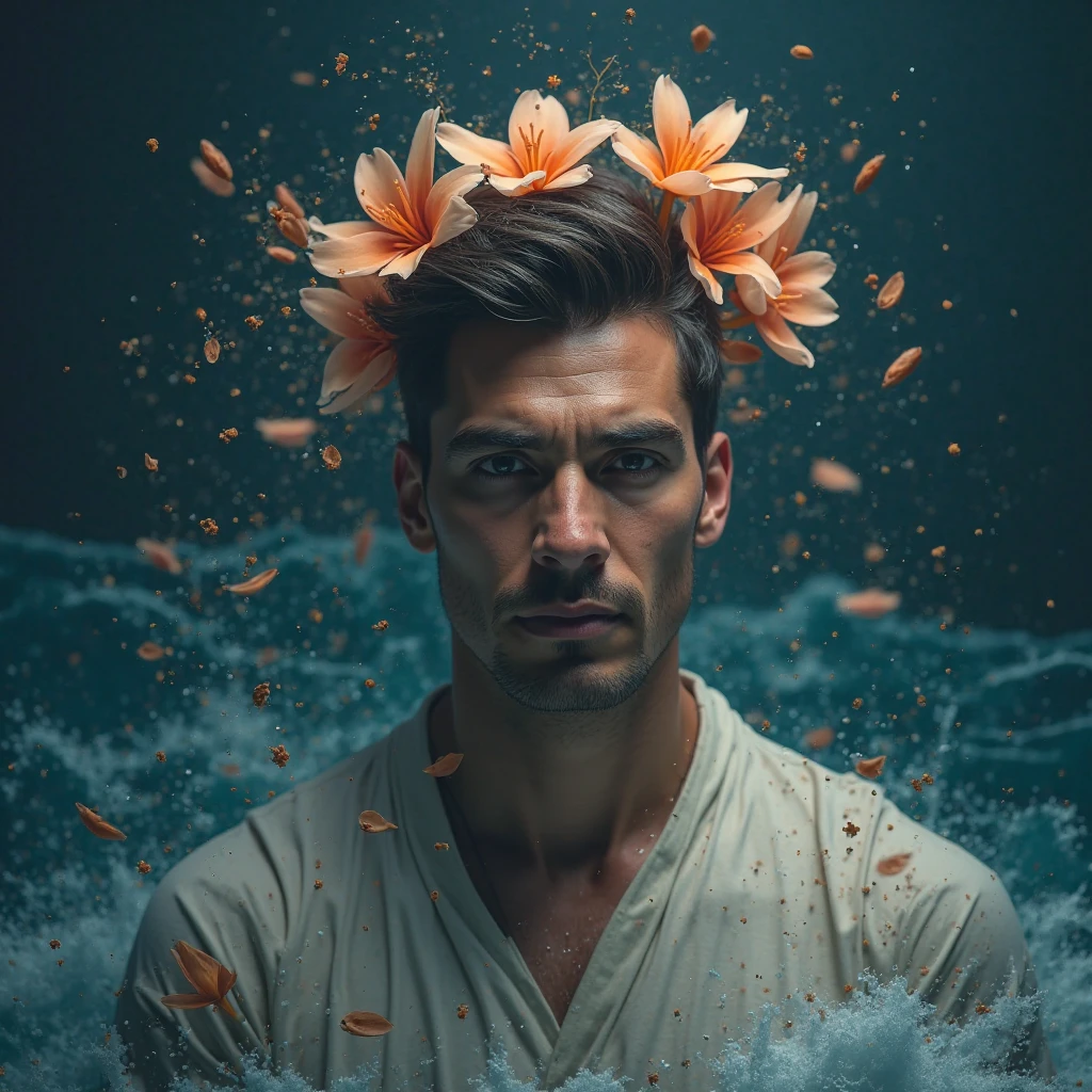 there is a man with tattoos on his body and a flower in his hand, album art, realism art, sitting in his throne underwater, art cover, realism art style, album, realistic art, official artwork, realism artstyle, music album art, by Adam Dario Keel, realistic artwork, album art cover, official art, lil peep, inspired by Adam Dario Keel